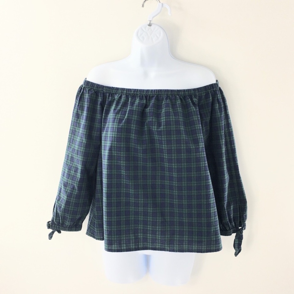 Vineyard Vines Womens Top Off Shoulder Tie Sleeve Pleat Blue Green Plaid Sz 8